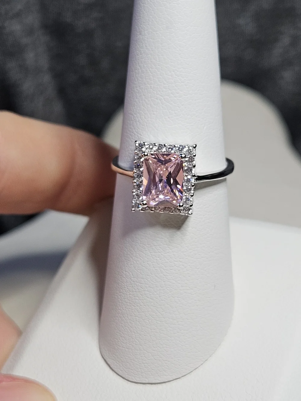 Sterling Silver Ring with Pink Rectangular Center Stone and Halo